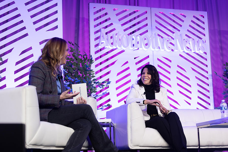 Chrissy Taylor, senior vice president of editorial operations at Automotive News, and Angela Zepeda, CMO of Hyundai Motor America, during a keynote talk at the 2023 Leading Women Conference.
